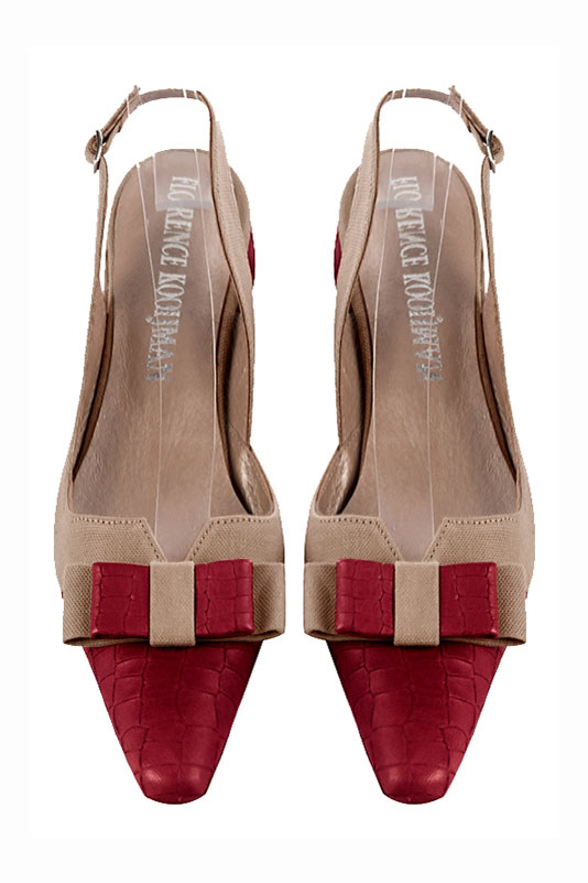 Cardinal red and tan beige women's open back shoes, with a knot. Tapered toe. Flat block heels. Top view - Florence KOOIJMAN